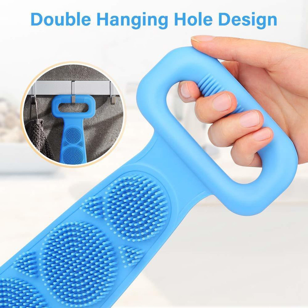 Silicone back scrubber belt with double hanging hole design for easy back cleaning